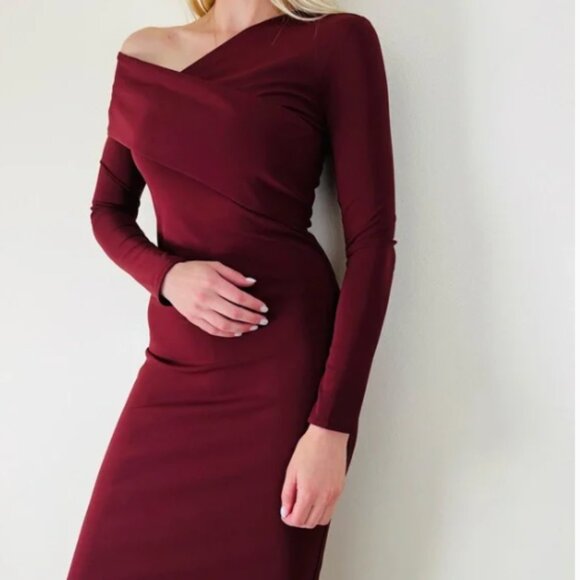 Zara Burgundy Asymmetrical Long Sleeve Bodycon Stretch Midi Dress, NWT, S - Picture 13 of 15